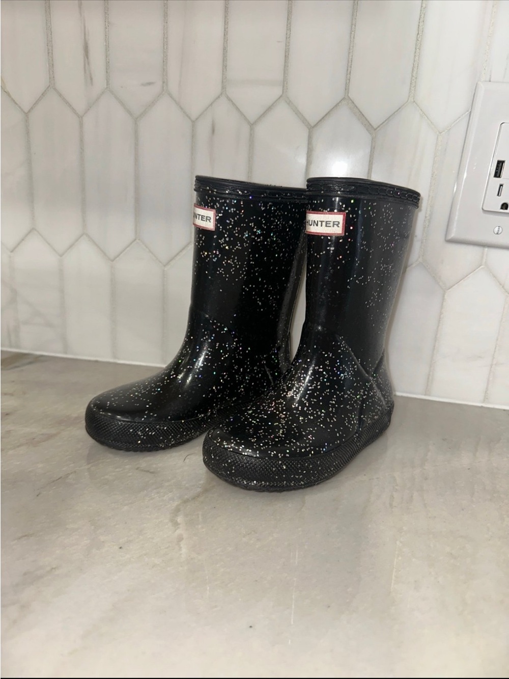 Hunter Kids' Black Glitter Rain Boots 8c